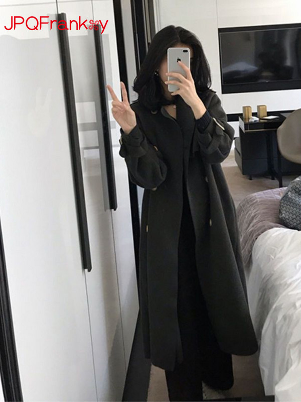 2023Toamnă și iarnă Jachetă nouă de vânt de lână pentru femei, cu două fețe, culoare solidă, cu legături în talie, haină de iarnă din lână de lungime medie