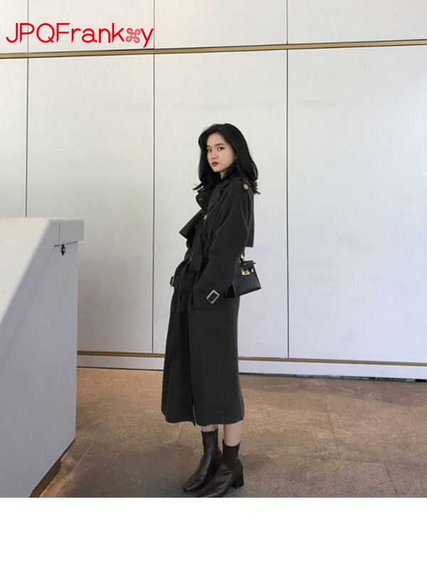 2023Toamnă și iarnă Jachetă nouă de vânt de lână pentru femei, cu două fețe, culoare solidă, cu legături în talie, haină de iarnă din lână de lungime medie