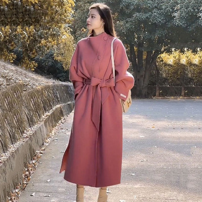 Blazer de vânt ocazional de lână pardesiu pentru femei, toamnă iarnă, haină de lână, îmbrăcăminte de îmbrăcăminte pentru femei, trenci cu centură liberă elegantă, cu un singur piept