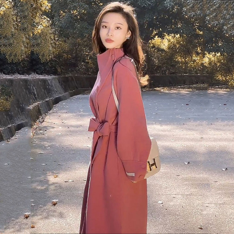 Blazer de vânt ocazional de lână pardesiu pentru femei, toamnă iarnă, haină de lână, îmbrăcăminte de îmbrăcăminte pentru femei, trenci cu centură liberă elegantă, cu un singur piept