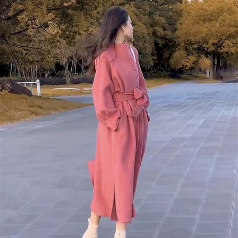 Blazer de vânt ocazional de lână pardesiu pentru femei, toamnă iarnă, haină de lână, îmbrăcăminte de îmbrăcăminte pentru femei, trenci cu centură liberă elegantă, cu un singur piept