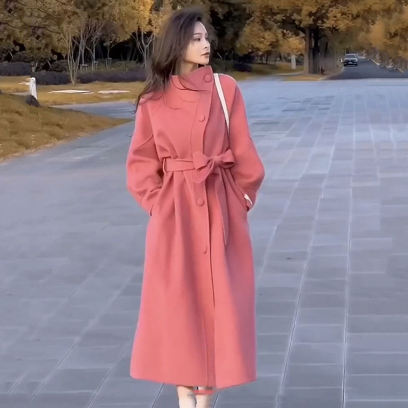 Blazer de vânt ocazional de lână pardesiu pentru femei, toamnă iarnă, haină de lână, îmbrăcăminte de îmbrăcăminte pentru femei, trenci cu centură liberă elegantă, cu un singur piept