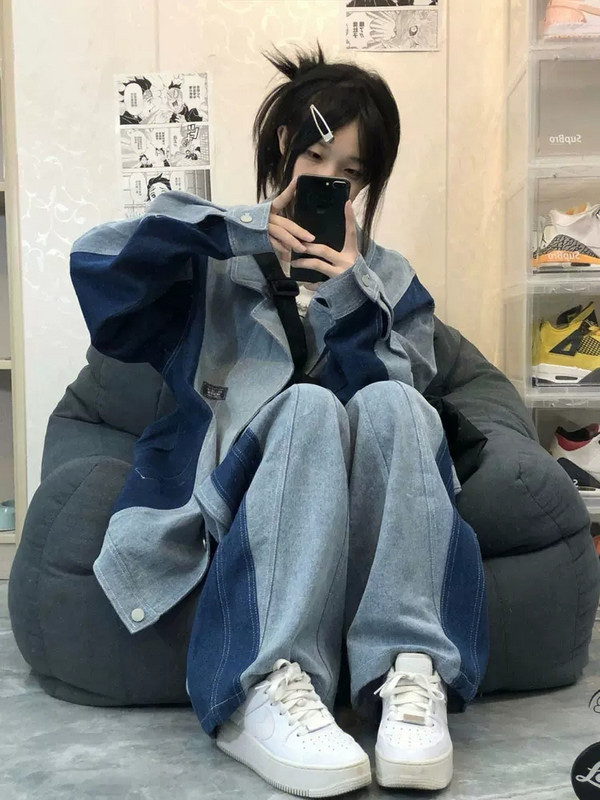 Cusături albastre retro, guler, jachete din denim, haine pentru femei, primăvară, toamnă, costume Harajuku, blugi, îmbrăcăminte exterioară jp419