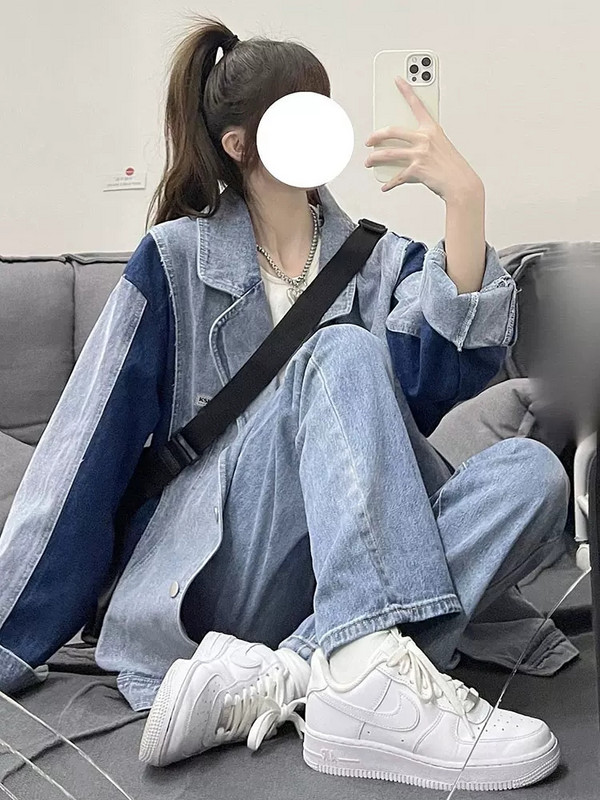 Cusături albastre retro, guler, jachete din denim, haine pentru femei, primăvară, toamnă, costume Harajuku, blugi, îmbrăcăminte exterioară jp419