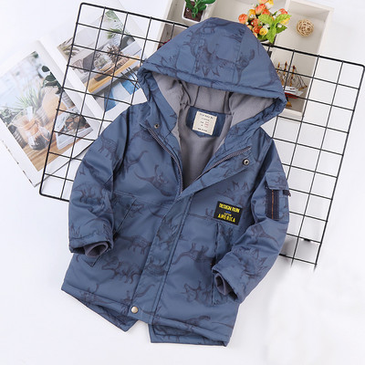 Dinozaur Printing Plus catifea îngroșare Iarna 2022 New Fashion Jachetă căptușită pentru băieți cu glugă Jachetă căptușită pentru copii