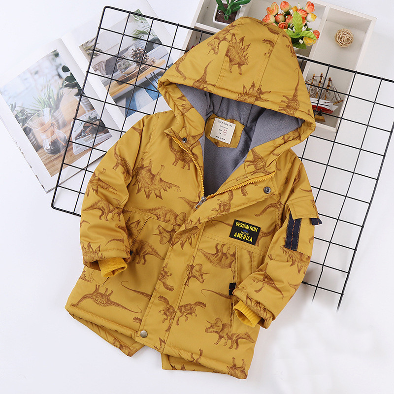 Dinozaur Printing Plus catifea îngroșare Iarna 2022 New Fashion Jachetă căptușită pentru băieți cu glugă Jachetă căptușită pentru copii