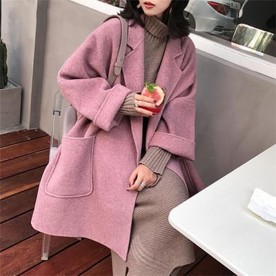 Nauja mada, 2021 m. rudens temperamentas, moteriški drabužiai ilgomis rankovėmis mažas vilnonis paltas Laisvas vidutinio ilgio studentiškas vilnonis paltas, moteriškas