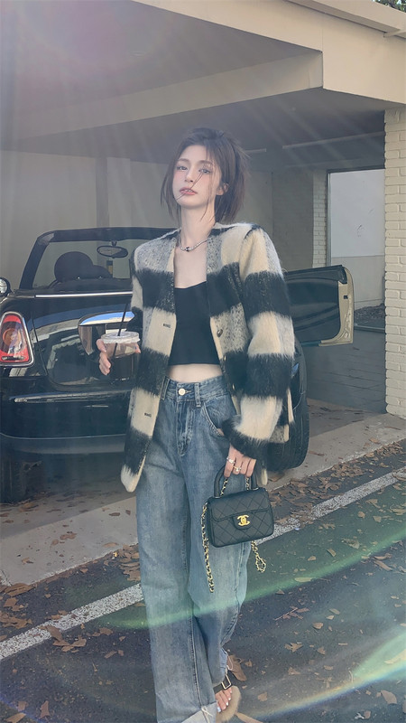 Jachetă gri din tweed cu dungi pentru femei 2023, toamnă iarnă, stil francez, pentru damă, blazer, haină elegantă pentru femei.