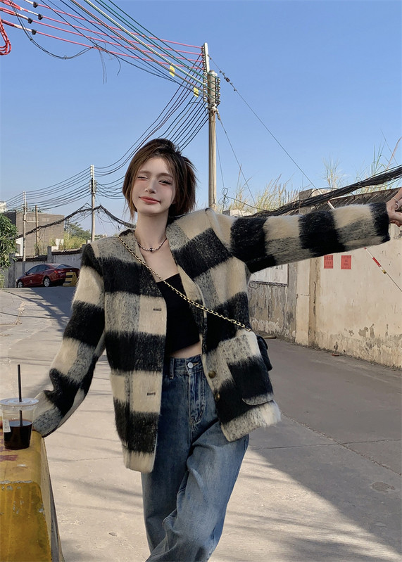 Jachetă gri din tweed cu dungi pentru femei 2023, toamnă iarnă, stil francez, pentru damă, blazer, haină elegantă pentru femei.