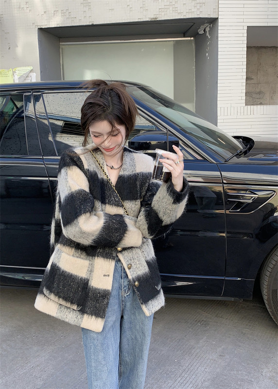 Jachetă gri din tweed cu dungi pentru femei 2023, toamnă iarnă, stil francez, pentru damă, blazer, haină elegantă pentru femei.