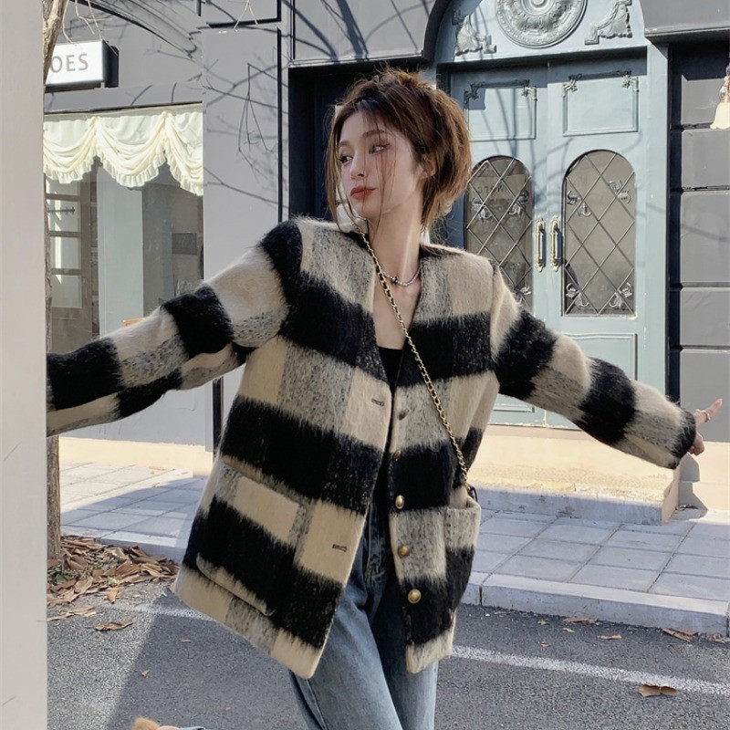 Jachetă gri din tweed cu dungi pentru femei 2023, toamnă iarnă, stil francez, pentru damă, blazer, haină elegantă pentru femei.