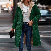 Jachetă lungă cu glugă cu mânecă lungă, căptușeală fleece, îmbrăcăminte de iarnă pentru femei