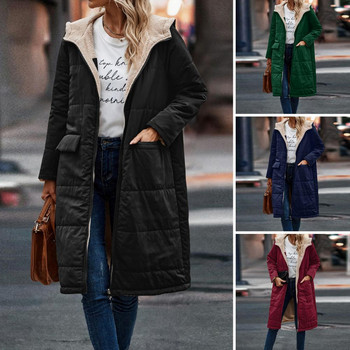 Дамско зимно дълго палто с качулка, дълъг ръкав, поларена подплата, връхни дрехи с цип, двустранно облекло, дълго пухено яке