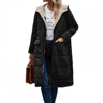 Дамско зимно дълго палто с качулка, дълъг ръкав, поларена подплата, връхни дрехи с цип, двустранно облекло, дълго пухено яке