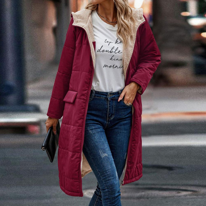 Jachetă lungă cu glugă cu mânecă lungă, căptușeală fleece, îmbrăcăminte de iarnă pentru femei