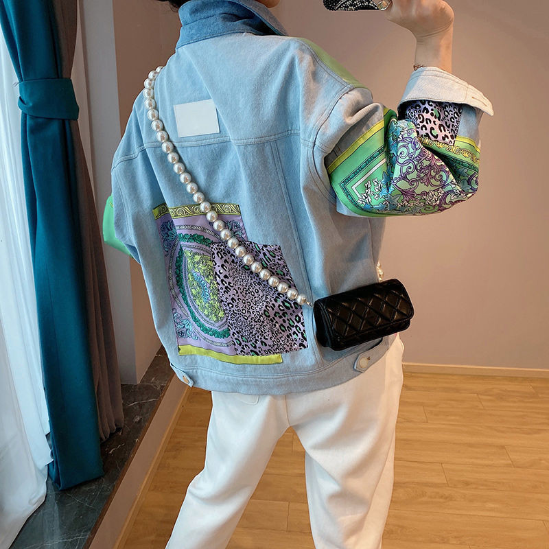 Primăvară Toamnă Femei Jachetă șic de blugi Hit Color imprimat mozaic guler cu rever cu mânecă lungă largi Streetwear stil cowboy