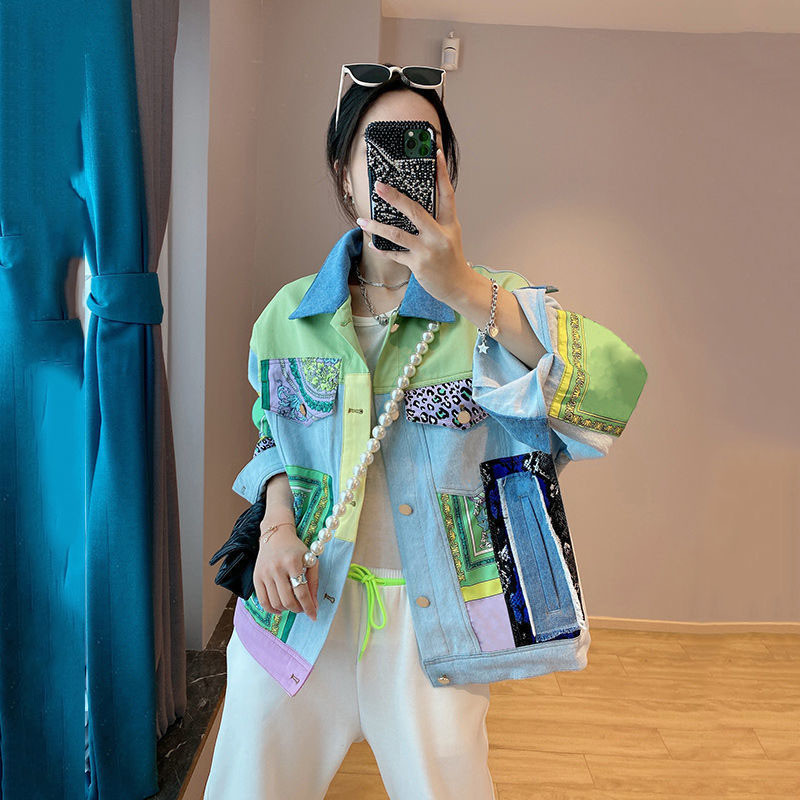 Primăvară Toamnă Femei Jachetă șic de blugi Hit Color imprimat mozaic guler cu rever cu mânecă lungă largi Streetwear stil cowboy
