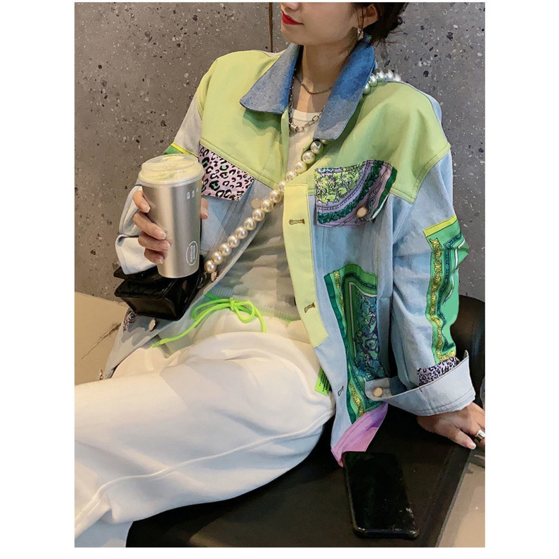 Primăvară Toamnă Femei Jachetă șic de blugi Hit Color imprimat mozaic guler cu rever cu mânecă lungă largi Streetwear stil cowboy