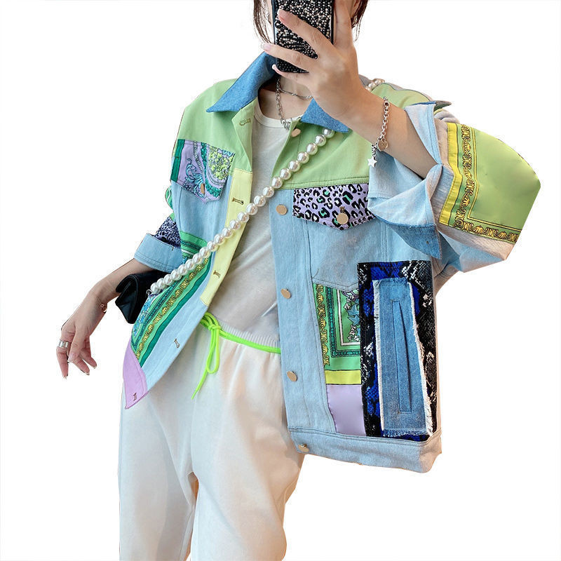 Primăvară Toamnă Femei Jachetă șic de blugi Hit Color imprimat mozaic guler cu rever cu mânecă lungă largi Streetwear stil cowboy