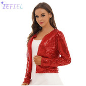 Jachetă cu paiete strălucitoare pentru femei, cardigan cu față deschisă, haină cu mânecă lungă, Blazer pentru nuntă, cocktail, petrecere, club