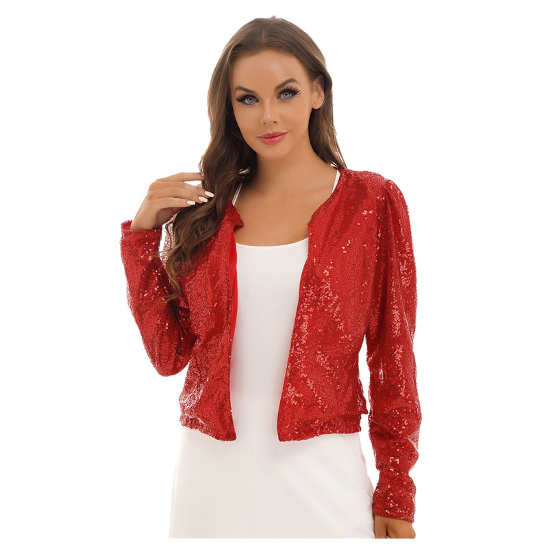 Jachetă cu paiete strălucitoare pentru femei, cardigan cu față deschisă, haină cu mânecă lungă, Blazer pentru nuntă, cocktail, petrecere, club