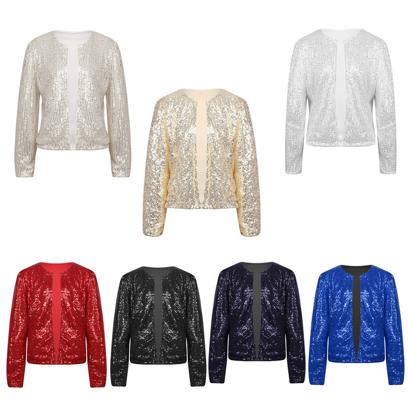 Jachetă cu paiete strălucitoare pentru femei, cardigan cu față deschisă, haină cu mânecă lungă, Blazer pentru nuntă, cocktail, petrecere, club