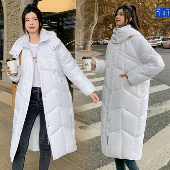 Ново зимно дамско яке с памучна подплата за 2023 г. Модно свободно памучно палто с качулка, дълга над коляното Парка, дебело топло връхно облекло