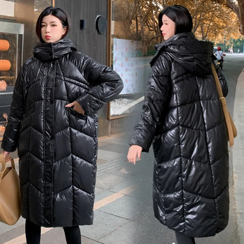 Ново зимно дамско яке с памучна подплата за 2023 г. Модно свободно памучно палто с качулка, дълга над коляното Парка, дебело топло връхно облекло