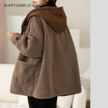 Χαλαρό μάλλινο παλτό Autunno E Inverno Lamb Fleece Cappotto Donna Moda Nuovo Stile Splice Falso Maglione Due Pezzi Con Cappuccio