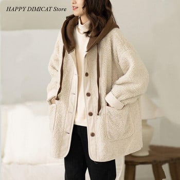 Χαλαρό μάλλινο παλτό Autunno E Inverno Lamb Fleece Cappotto Donna Moda Nuovo Stile Splice Falso Maglione Due Pezzi Con Cappuccio