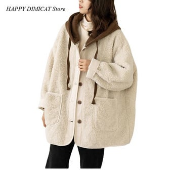 Χαλαρό μάλλινο παλτό Autunno E Inverno Lamb Fleece Cappotto Donna Moda Nuovo Stile Splice Falso Maglione Due Pezzi Con Cappuccio