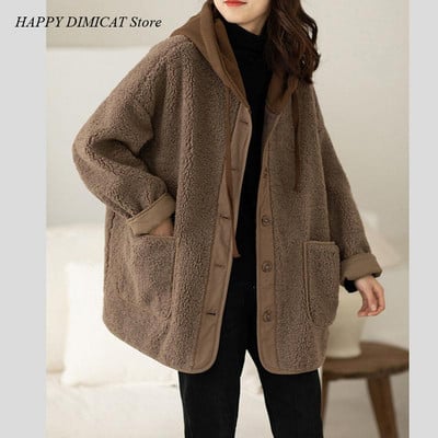 Laisvas vilnos paltas Autunno E Inverno ėriuko vilna Cappotto Donna Moda Nuovo Stile Splice Falso Maglione Due Pezzi Con Cappuccio