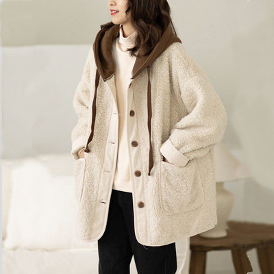 Laisvas vilnos paltas Autunno E Inverno ėriuko vilna Cappotto Donna Moda Nuovo Stile Splice Falso Maglione Due Pezzi Con Cappuccio