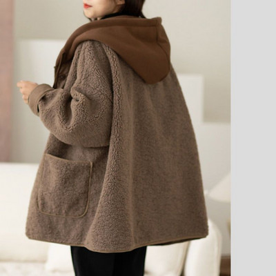 Laisvas vilnos paltas Autunno E Inverno ėriuko vilna Cappotto Donna Moda Nuovo Stile Splice Falso Maglione Due Pezzi Con Cappuccio