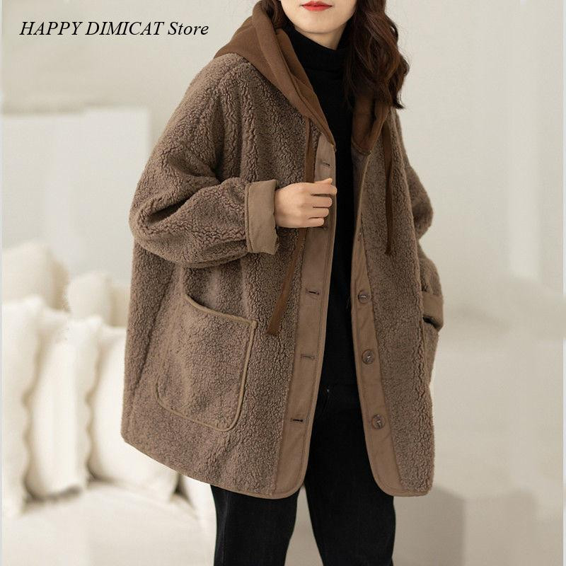 Laisvas vilnos paltas Autunno E Inverno ėriuko vilna Cappotto Donna Moda Nuovo Stile Splice Falso Maglione Due Pezzi Con Cappuccio