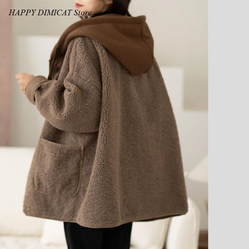 Laisvas vilnos paltas Autunno E Inverno ėriuko vilna Cappotto Donna Moda Nuovo Stile Splice Falso Maglione Due Pezzi Con Cappuccio