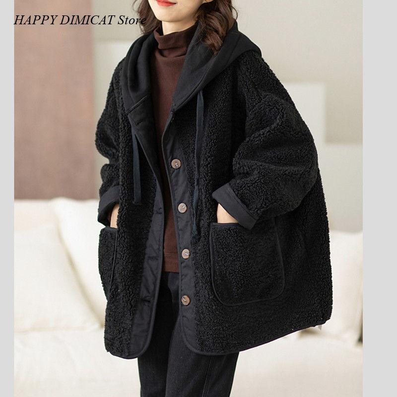 Laisvas vilnos paltas Autunno E Inverno ėriuko vilna Cappotto Donna Moda Nuovo Stile Splice Falso Maglione Due Pezzi Con Cappuccio
