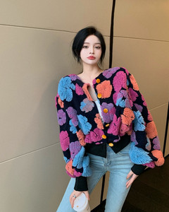 Gaganight Jachetă cu mâneci lungi cu flori tridimensionale pentru femei 2023, toamnă iarnă, contrast de culoare retro, toate se potrivesc haine largi pentru femei