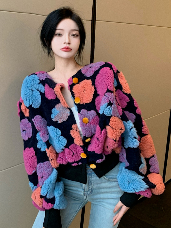 Gaganight Jachetă cu mâneci lungi cu flori tridimensionale pentru femei 2023, toamnă iarnă, contrast de culoare retro, toate se potrivesc haine largi pentru femei