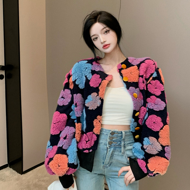 Gaganight Jachetă cu mâneci lungi cu flori tridimensionale pentru femei 2023, toamnă iarnă, contrast de culoare retro, toate se potrivesc haine largi pentru femei