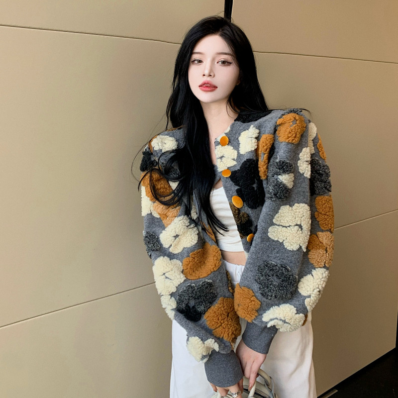 Gaganight Jachetă cu mâneci lungi cu flori tridimensionale pentru femei 2023, toamnă iarnă, contrast de culoare retro, toate se potrivesc haine largi pentru femei