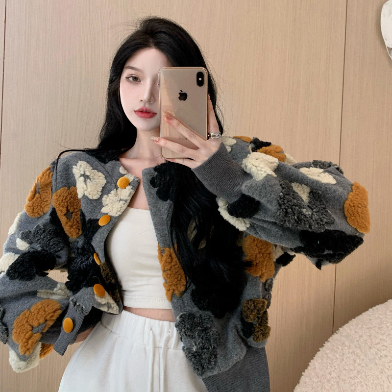 Gaganight Jachetă cu mâneci lungi cu flori tridimensionale pentru femei 2023, toamnă iarnă, contrast de culoare retro, toate se potrivesc haine largi pentru femei