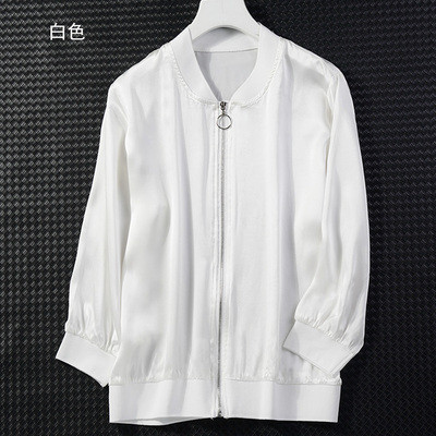 Birdtree Jachetă bomber din mătase dud 100% naturală pentru femei, ocazională, rezistentă la soare, negru, alb, cu fermoar, varsity, topuri, toamnă, vară C36559QM