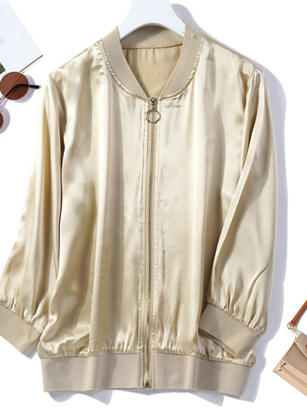 Birdtree Jachetă bomber din mătase dud 100% naturală pentru femei, ocazională, rezistentă la soare, negru, alb, cu fermoar, varsity, topuri, toamnă, vară C36559QM