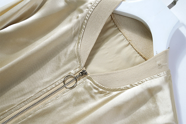 Birdtree Jachetă bomber din mătase dud 100% naturală pentru femei, ocazională, rezistentă la soare, negru, alb, cu fermoar, varsity, topuri, toamnă, vară C36559QM