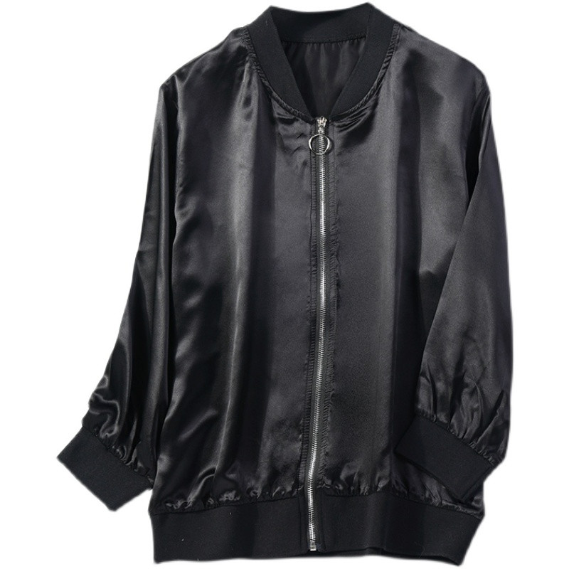 Birdtree Jachetă bomber din mătase dud 100% naturală pentru femei, ocazională, rezistentă la soare, negru, alb, cu fermoar, varsity, topuri, toamnă, vară C36559QM