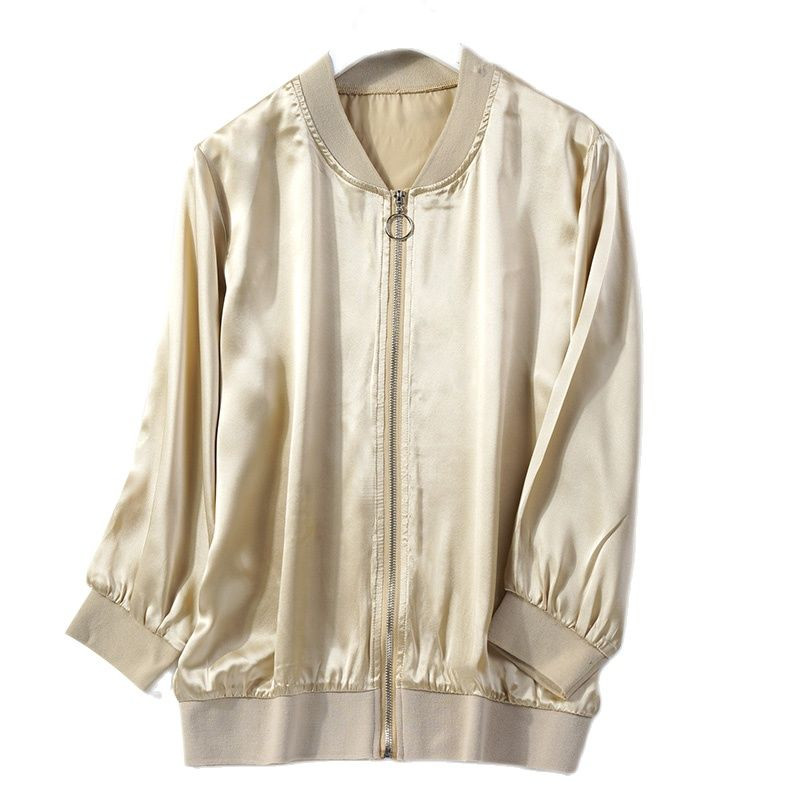 Birdtree Jachetă bomber din mătase dud 100% naturală pentru femei, ocazională, rezistentă la soare, negru, alb, cu fermoar, varsity, topuri, toamnă, vară C36559QM