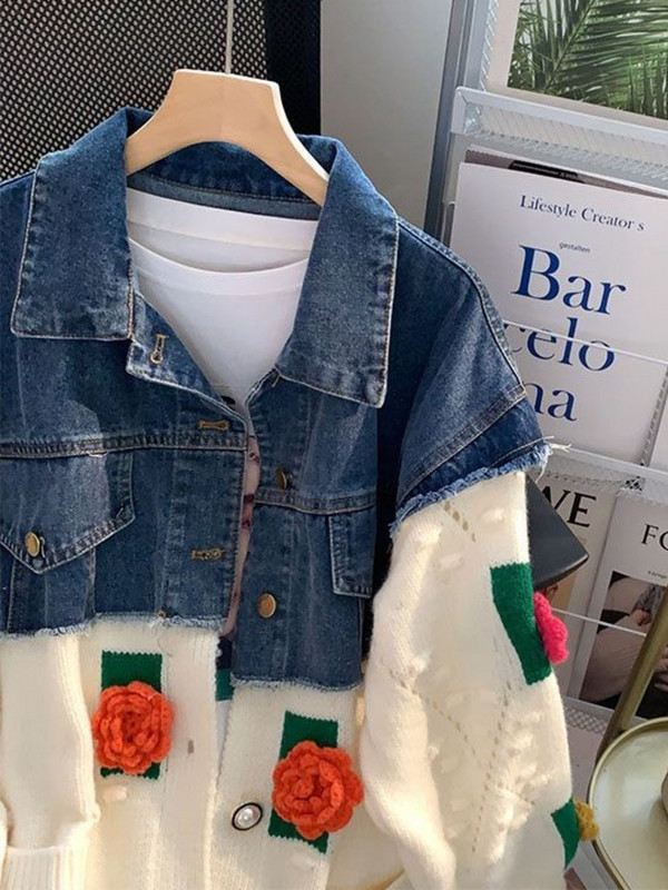 Džinsinė striukė Moteriška sunkiosios pramonės siuvinėjimas Europos pavasario 2022 m. rudens mados lėlės apykaklės dizainas Gatvės laisvalaikio džinsinis paltas