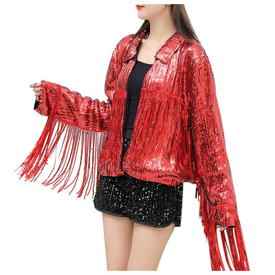 Jachetă cu mânecă lungă din paiete pentru femei, cu ciucuri, cu fermoar, jachetă largi, subțire, impermeabilă, pentru doamne, la modă куртка женская