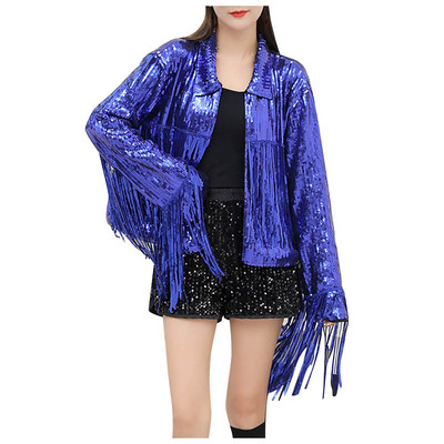 Jachetă cu mânecă lungă din paiete pentru femei, cu ciucuri, cu fermoar, jachetă largi, subțire, impermeabilă, pentru doamne, la modă куртка женская